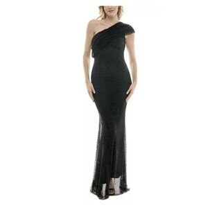 NWT Taylor Formal Gown 8 One Shoulder Fishnet Beaded Stretch Goth Morticia $268